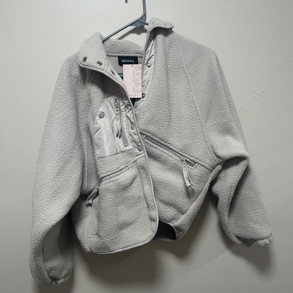 Zenana Sherpa Fleece Jacket Size Small Gray Cozy Snap Front Cropped Coat